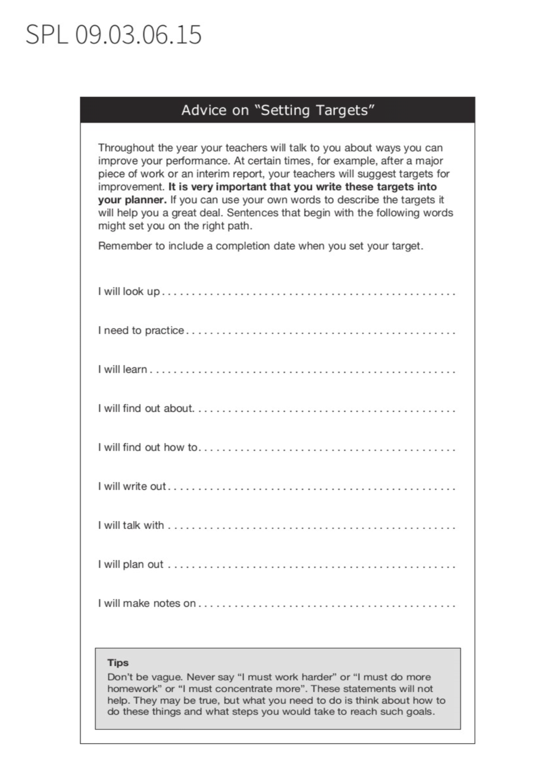 goal planning sheet for a custom student planner